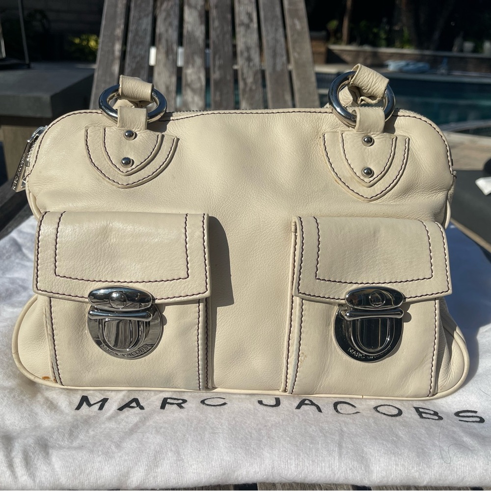Marc Jacobs Women Blake Leather Shoulder Bag Cream Leather Medium Handbag Purse